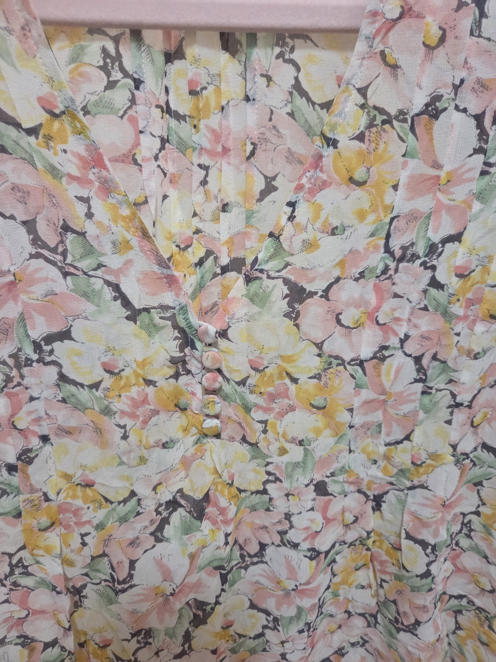 Joie Pastel Floral V-Neck Blouse in Pink, Yellow and Green
